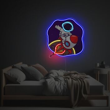 Astronaut Escaping The Moon With Rocket LED Neon Acrylic Artwork