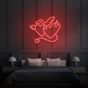 Angel and Devil Hearts Neon Art Playful Duality and Temptation