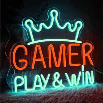Play & Win Gamer King Crown Game Neon Sign