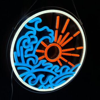 Ice Blue Waves and Orange Sun Mystery Neon Sign Living Room Accent