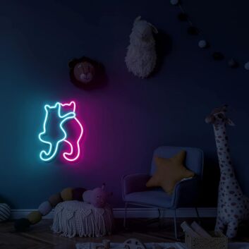 Two Ice Blue and Dark Pink Cats Snuggling Neon Sign Cute Decor