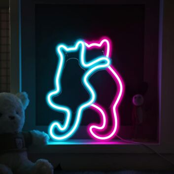Two Ice Blue and Dark Pink Cats Snuggling Neon Sign Cute Decor