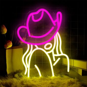 Woman in Deep Pink Hat Neon Sign Fashion Statement