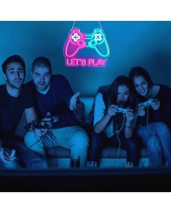 Brighten Up Your Gaming Room, Bar, or Teen's Bedroom with the Deep Pink And Ice Blue Patchwork Gamepad Neon Sign.