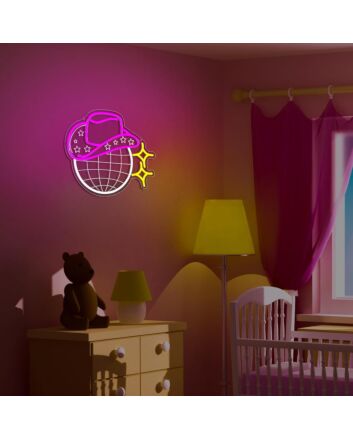 Add a Western Flair to Your Bedroom, Office, or Party Decor with the Deep Pink Cowboy Hat and White Mesh Balls Neon Sign.