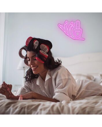 Brighten Up Your Beauty Salon or Home Vanity with the Deep Pink Hands Holding Nail Polish Neon Sign.