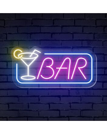 Enhance Your Bar, Office, or Event Space with the Elegant Glow of Bar Word Cocktail Glass Rectangle Frame Neon Sign.