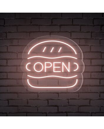 Brighten Up Your Burger Shop, Bar, or Food Truck Ambiance with the Open Word Neon Sign.