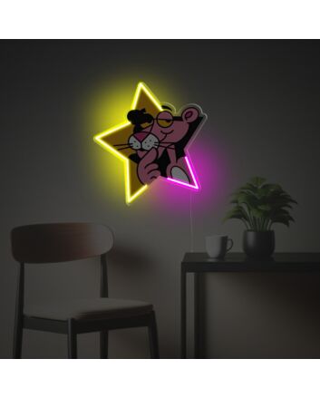 Brighten Up Your Bar, Office, or Wedding with Playful Pink Panther With Yellow Star LED Neon Acrylic Artwork.