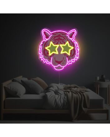 Brighten Up Your Space: Pinky Tiger With Star Eyes LED Neon Acrylic Artwork for Bars, Events, and Chic Home Decor.