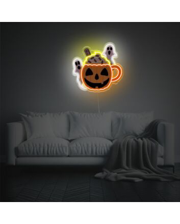 Brighten Up Your Halloween Festivities: Punkin Mug With Ghosts LED Neon Acrylic Artwork for Home Decor, Office, and Spooky Season Gatherings.