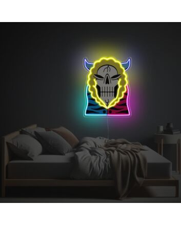 Revamp Your Bar or Game Room Aesthetics with the Eclectic Skull Man With Red And Blue Coat LED Neon Acrylic Artwork.