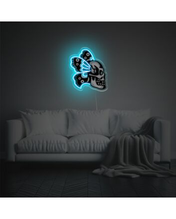 Transform Your Space into a Vibrant Oasis with Skull With Butterfly Wing LED Neon Acrylic Artwork — Perfect for Home Decor, Bars, and Eclectic Weddings.