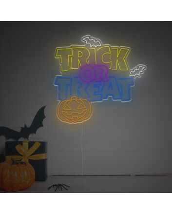 Brighten Up Your Halloween Festivities: Perfect for Home Decor, Office, and Parties with the Halloween Trick Or Treat With Bat Or Pumpkin LED Neon Sign.