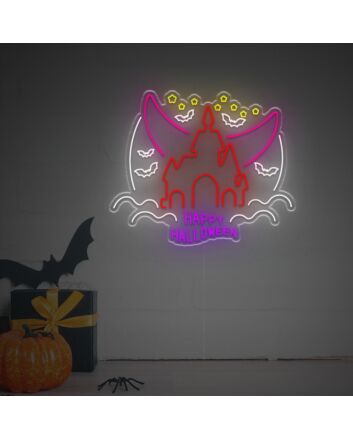 Elevate Your Spooky Festivities: Happy Halloween With Castle LED Neon Sign for Home Decor, Office, and Themed Parties.