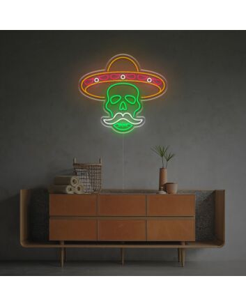Celebrate with Vibrant Style: Skull In Sombrero For Day Of The Dead LED Neon Sign for Festive Home Decor, Bars, and Cultural Events.