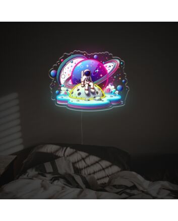 Elevate Your Space: Marvellous Planets View With Astronaut Man LED Neon Acrylic Artwork Perfect for Home Decor, Bars, and Cosmic-Themed Events.