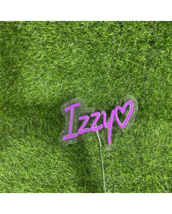 Brighten Your Space: Izzy With Heart Purple LED Neon Sign for Home Decor, Bars, and Romantic Weddings.