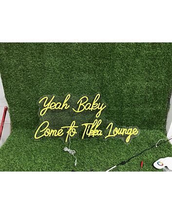 Brighten Up Your Bar, Restaurant, or Home Party Ambiance with the Yeah Baby Come To Tikka Lounge Yellow LED Neon Sign.