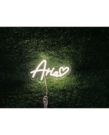 Brighten Your Special Moments: Aria With Heart White LED Neon Sign for Weddings, Bars, and Home Decor.