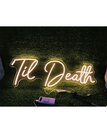 Brighten Your Wedding, Bar, and Home with the Unique Glow of the Yellow Til Death LED Neon Sign.