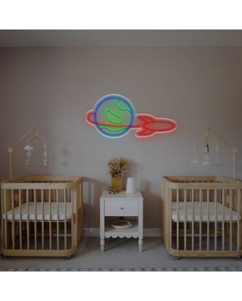 Bring Space Adventure to Your Rooms, Parties, and Workspaces with the Rocket Orbiting The Earth LED Neon Sign.