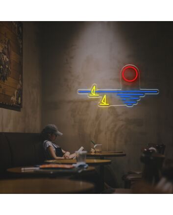 Elevate your bar, office, or wedding ambiance with the Sunset With Sailboat And Sea Level LED Neon Sign.