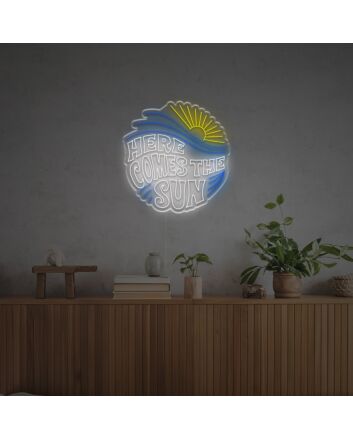 Brighten Your Beach House, Bar, or Wedding Venue with the "Here Comes The Sun With Wave" LED Neon Sign.