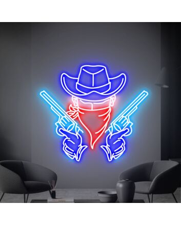 Brighten Up Your Space: Perfect for Bars, Home Decor, and Wild West Theme Parties - Cowboy With Double Double Gun Neon Sign.