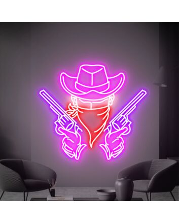 Brighten Up Your Space: Perfect for Bars, Home Decor, and Wild West Theme Parties - Cowboy With Double Double Gun Neon Sign.