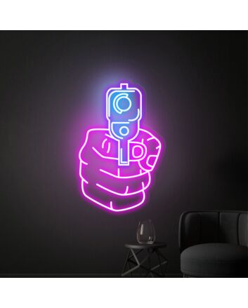 Brighten Up Your Game Room, Bar, or Bachelor Pad with the Hand Gun Neon Sign - The Ultimate Decor for Lovers of Unique Home and Office Aesthetics.