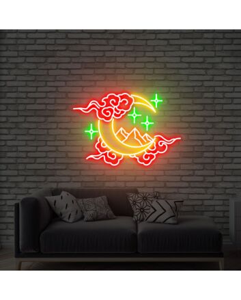 Brighten Your Space with Versatility: Moon Cloud Star Mountain Neon Sign Handmade Art Neon Light White Vibes for Wall Decor, Perfect for Office, Bar, and Romantic Weddings.