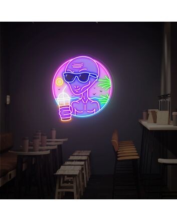 Brighten Up Your Café or Themed Party with the Quirky Print Acrylic Board Alien Drinking Milk Tea LED UV Neon Sign.