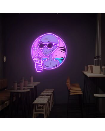 Brighten Up Your Café or Themed Party with the Quirky Print Acrylic Board Alien Drinking Milk Tea LED UV Neon Sign.