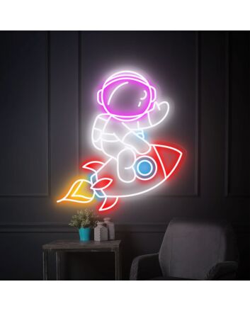 Transform Your Space: Rocket Astronaut LED Neon Sign for House Wall Art, Perfect for Bedrooms, Gaming Rooms, and Sci-Fi Themed Parties.