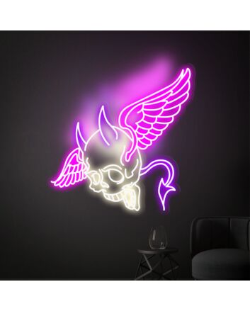 Brighten Up Your Space: Skull Head With Wings Neon Lights Sign Handmade Artwork - Perfect for Home Decor, Bars, and Edgy Office Settings.