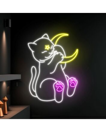 Brighten Your Space: Cat And Moon Led Sign For Animal Lovers - Perfect for Home Decor, Office Ambiance, and Cozy Cafe Corners