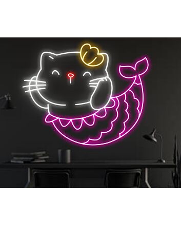Bring Whimsy to Your Nursery, Spa, or Store with Cat Mermaid Decor Led Neon Light Cat Spa Led Light Nursery Deco.