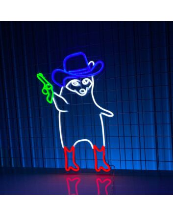 Brighten Up Your Bar, Game Room, or Man Cave with the Whimsical Cowboy Raccoon Holding Gun LED Neon Sign – Perfect for Adding a Unique Touch to Any Gathering or Space!