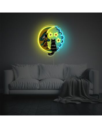 Cat Sitting On The Moon And Staring Stars LED Neon Acrylic Artwork