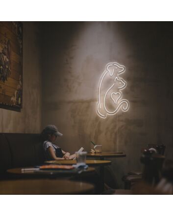 Intimated Dog And Cat With Heart LED Neon Sign