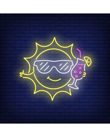 Cartoon Sun Drinking Cocktail Neon Sign