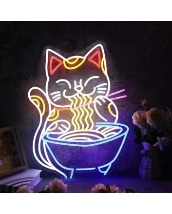 Lucky Cat Eating Noodles Custom Neon Sign