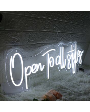 Open To All Styles White Neon Sign