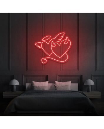 Angel and Devil Hearts Neon Art Playful Duality and Temptation