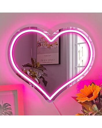Loving Reflections Heart-Shaped Pink Neon Mirror Wall Decor