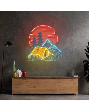 Camping Under Red Moon Led Neon Sign Light Pop Art