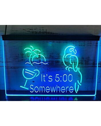 It&#039;s 5:00 Somewhere Parrot Two Tone Hanging Neon Sign