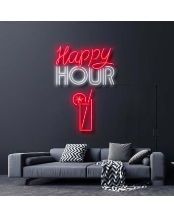 Happy Hour With Alcoholic Drink Neon Sign for Bars and Social Spaces