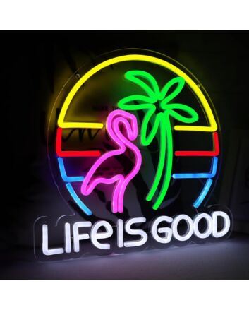 Green Coconut Tree and Deep Pink Crane Life is Good Neon Sign Living Room